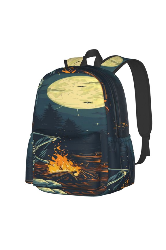 Moonlit Skeleton Campfire Pattern Student Backpack,Backpack for School,Lightweight Bag,Travel Backpack,Outdoor Backpack,Large Capacity Backpack