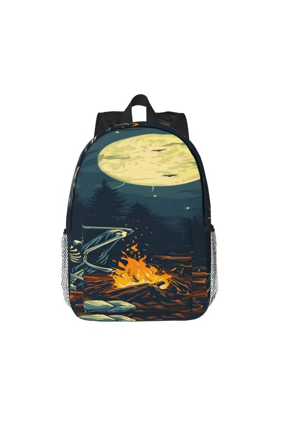 Moonlit Skeleton Campfire Pattern Student Backpack Water-resistant Backpack 15-inch Laptop Backpack Lightweight Adjustable School Backpack
