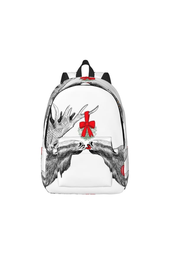 Moose Kissing Under Mistletoe Pattern Canvas College Laptop Backpack,Travel Daypack,Durable Rucksack Travel Notebook Bag School Backpack Book Bag for Men Women-Medium