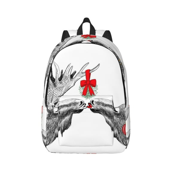 Rateoe Moose Kissing Under Mistletoe Pattern Canvas College Laptop Backpack,Travel Daypack,Durable Rucksack Travel Notebook Bag School Backpack Book Bag for Men Women-Medium