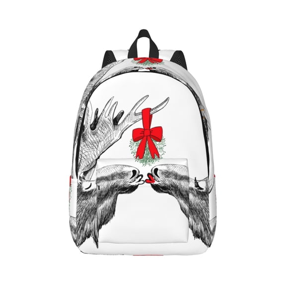 Rateoe Moose Kissing Under Mistletoe Pattern Canvas College Laptop Backpack,Travel Daypack,Durable Rucksack Travel Notebook Bag School Backpack Book Bag for Men Women-Small