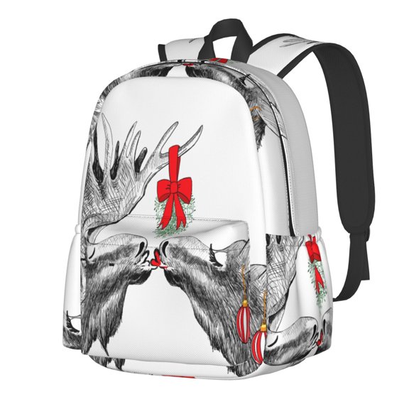 Rateoe Moose Kissing Under Mistletoe Pattern Student Backpack,Backpack for School,Lightweight Bag,Travel Backpack,Outdoor Backpack,Large Capacity Backpack