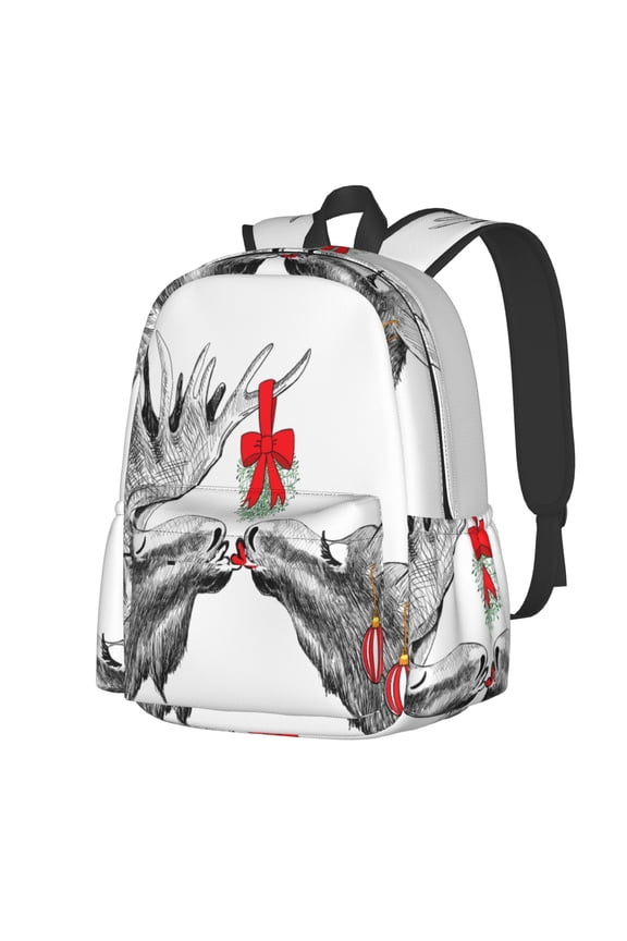 Moose Kissing Under Mistletoe Pattern Student Backpack,Backpack for School,Lightweight Bag,Travel Backpack,Outdoor Backpack,Large Capacity Backpack