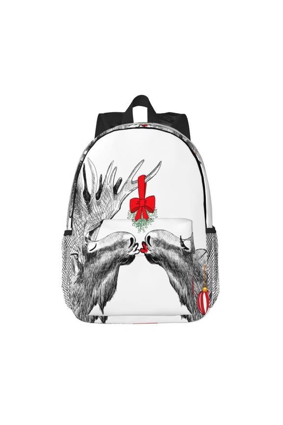 Moose Kissing Under Mistletoe Pattern Student Backpack Water-resistant Backpack 15-inch Laptop Backpack Lightweight Adjustable School Backpack