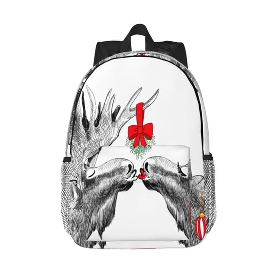 Rateoe Moose Kissing Under Mistletoe Pattern Student Backpack Water-resistant Backpack 15-inch Laptop Backpack Lightweight Adjustable School Backpack