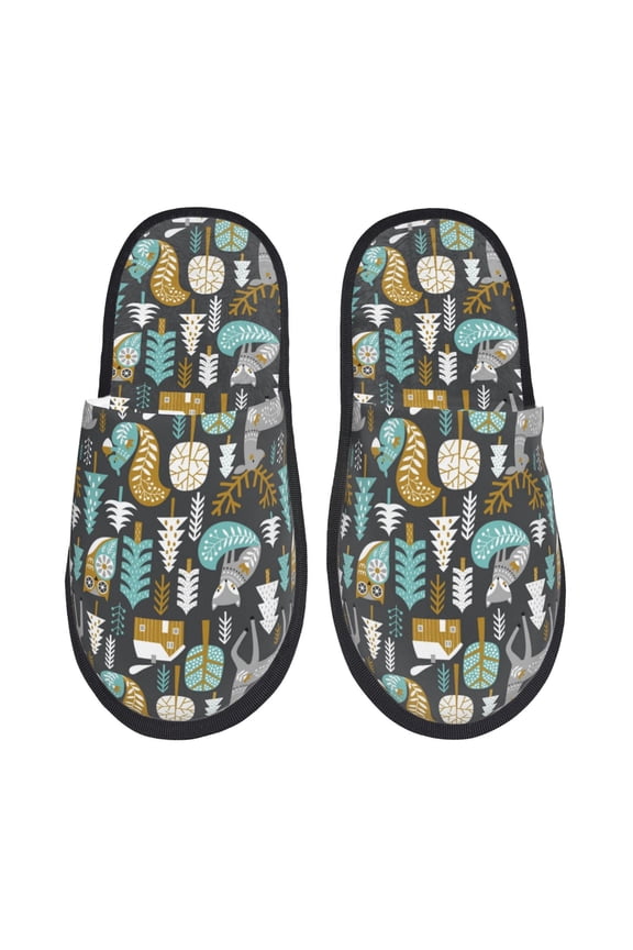 Moose Squirrel owls tree Pattern Fuzzy Slippers Fuzzy Soft House Slippers Plush Furry Warm Cozy Open Toe Fluffy Home Shoes-Medium