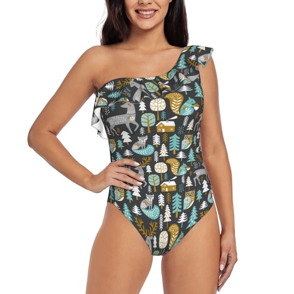 Rateoe Moose Squirrel owls tree Pattern Women One Piece Swimsuits Tummy Control One Shoulder Bathing Suits Ruffle Swimwear-X-Large