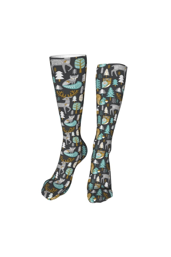 Moose Squirrel owls tree print Women's Men's Novelty 20in Crew Socks Cotton Socks Knee High Socks for Walking,Running,Nurses,Pregnancy-One Size