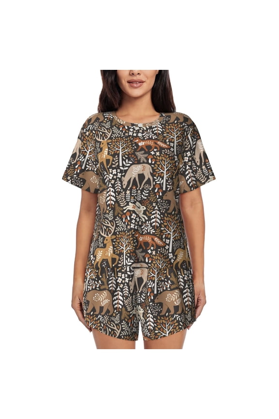 Moose fox bear leaf tree Pattern Women's Short-Sleeved Pajama Set - 2 Piece Soft and Lightweight Sleepwear Set-XX-Large