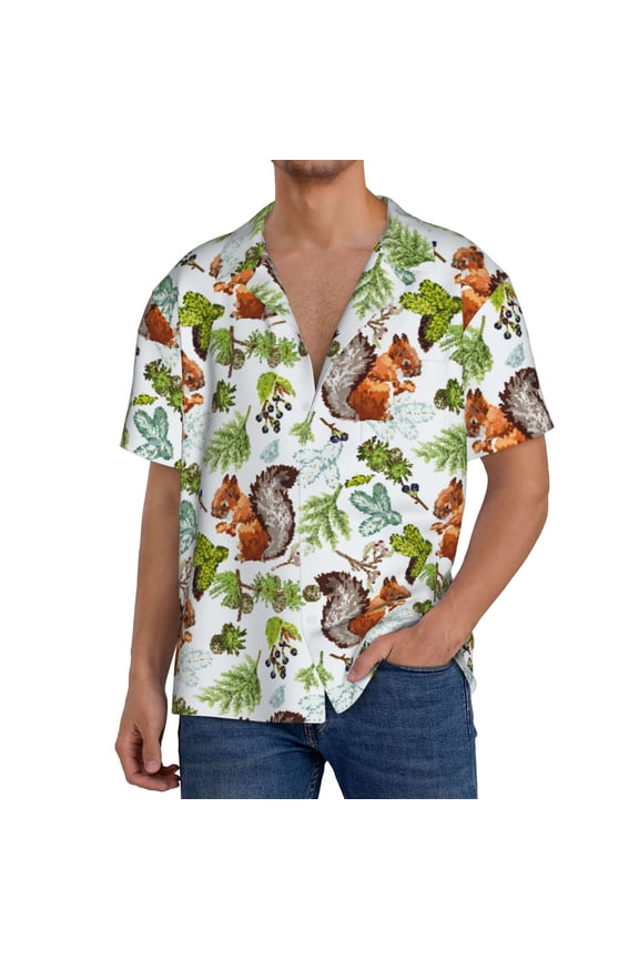 Mosaic Forest Squirrel Print Mens Front Pocket Hawaiian Shirts Casual Shirts Short Sleeve Button Down Beach Tropical Shirts-4X-Large