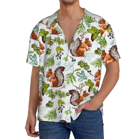 Rateoe Mosaic Forest Squirrel Print Mens Front Pocket Hawaiian Shirts Casual Shirts Short Sleeve Button Down Beach Tropical Shirts-XX-Large