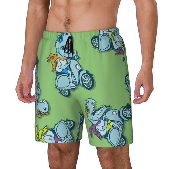 Rateoe Motorcycle Riding Dinosaur Pattern Men’s Swim Shorts with Compression Liner – Double-Layered Quick-Dry Swimwear, Comfortable & Stretchy Beach Shorts-Small