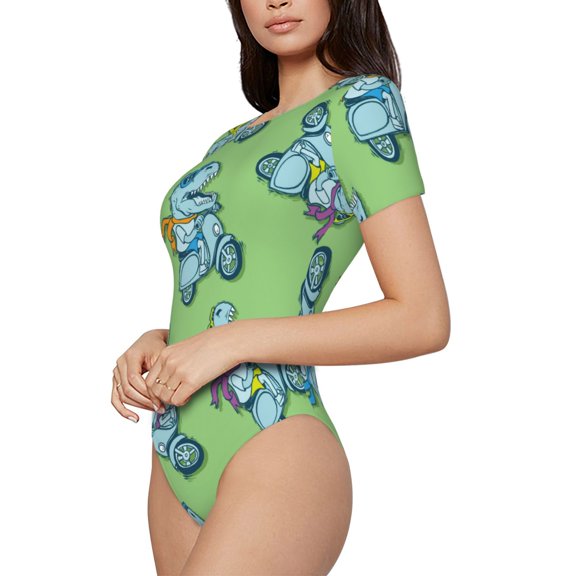 Rateoe Motorcycle Riding Dinosaur Printed Women Rash Guard Short Sleeve,Tummy control Swimsuit Surfing Swimsuit Bathing Suit Short-sleeved Onesie UPF 50+