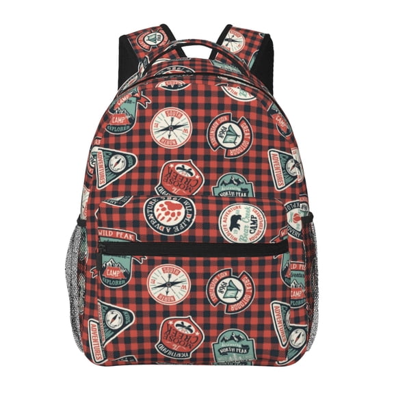 Rateoe Mountain Adventure Badges Pattern Casual Backpack for School, Work, Travel  Adjustable Straps, Multiple Compartments  Ergonomic Design, Fits Laptops and Tablets