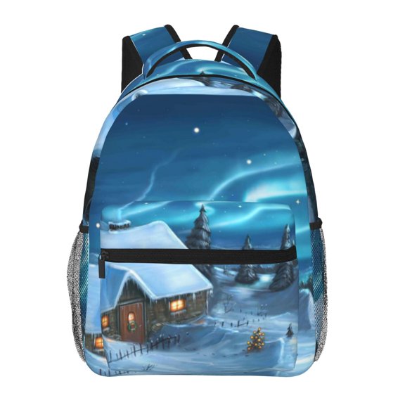 Rateoe Mountain Cottage In Snow Pattern Casual Backpack for School, Work, Travel Adjustable Straps, Multiple Compartments Ergonomic Design, Fits Laptops and Tablets