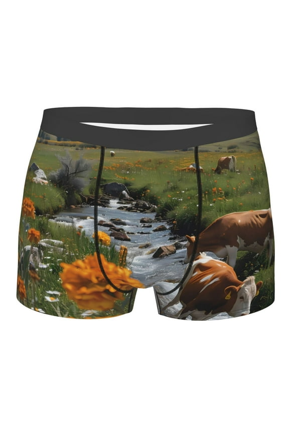 Mountain Cows Flower Stream Mens Boxer Briefs Poly Spandex Performance Boxer Briefs Underwear Hem Boxer Briefs - Medium