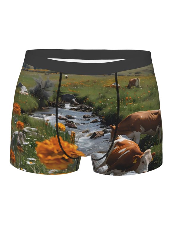 Mountain Cows Flower Stream Mens Boxer Briefs Poly Spandex Performance Boxer Briefs Underwear Hem Boxer Briefs - XX-Large