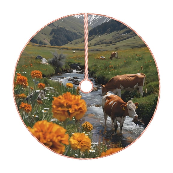 Rateoe Mountain Cows Flower Stream Pattern Christmas Tree Skirt with Ties, Christmas Tree Decorations, Farmhouse Christmas Decor Xmas Holiday Decorations-