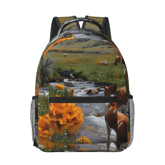 Rateoe Mountain Cows Flower Stream Pattern Durable Student Backpack Laptop Bag- Ergonomic Design, Waterproof Twill Fabric - Ideal for School, Travel, and Outdoor Activities-One Size