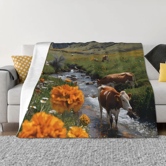 Rateoe Mountain Cows Flower Stream Pattern Flannel Throw Blanket, Ultra-soft Blanket for Bed, Couch, Car, Hypoallergenic Anti-pilling blanket-40"x30"(Horizontal)