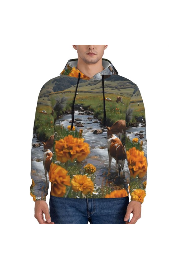 Mountain Cows Flower Stream Pattern Mens Hoodie, Pullover Hooded Sweatshirt, Kangaroo Pocket Hoodie Ideal for Daily Wear, Travel and Home-Medium