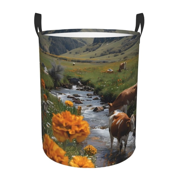 Rateoe Mountain Cows Flower Stream Pattern Round Laundry Hamper Basket, Tall Hamper Basket for Blanket Storage, Nursery Clothes Hamper for Laundry in Bedroom and College Dorm-