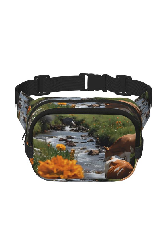 Mountain Cows Flower Stream Print Fanny Pack Belt Bag for Women and Men, Square Double-Layer Waterproof Waist Pack with Adjustable Strap for Hiking, Jogging, Cycling