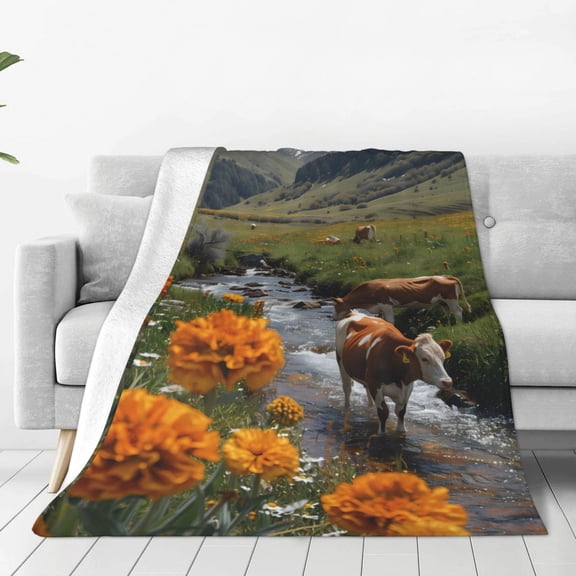 Rateoe Mountain Cows Flower Stream Print Fuzzy Fleece Throw Blanket Extra Large,Super Soft,Fluffy and Warm Blankets for Couch,Bed,All Season Use (40"x30")