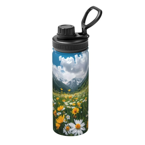 Rateoe Mountain Daisy Meadow Printed 18oz Sports Insulated Water Bottle, Double-Wall Stainless Steel Kettle with Leak-Proof Cap and Carry Loop, BPA-Free for Outdoor, Gym, Camping, and Travel