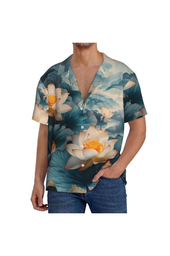 Mountain Lotus Serenity Print Mens Front Pocket Hawaiian Shirts Casual Shirts Short Sleeve Button Down Beach Tropical Shirts-X-Large