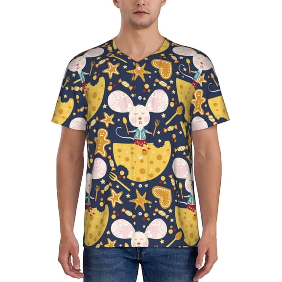 Rateoe Mouse Cheese Pattern Men’s Baseball Short Sleeve Polo Shirt, Midweight Men's Shirt Golf Shirt Polo Shirts Quick Dry Short-Medium