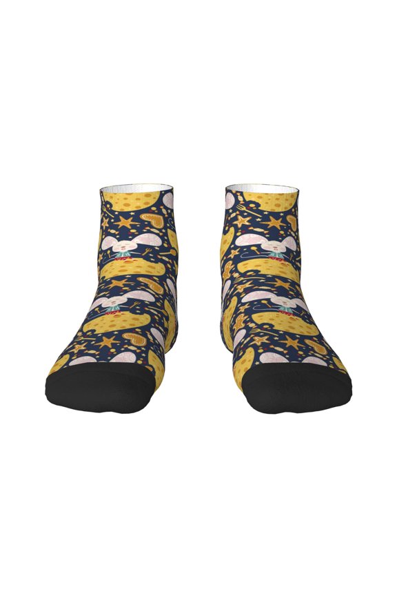 Mouse Cheese Pattern Quarter Crew Socks,Toe Seamed Ankle Socks,Cotton Cushioned Breathable Athletic Crew Sports Socks