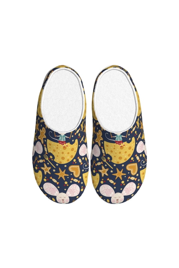 Mouse Cheese Print Women's Men's Cotton Knit Slippers Lightweight Memory Foam Indoor House Shoes with Anti-Skid Sole-37/38