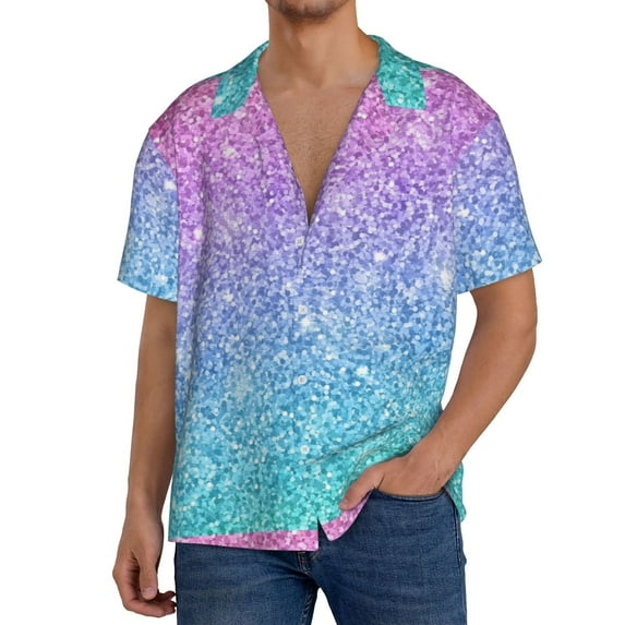 Rateoe Multicolor Glitter Pattern Men's Short Sleeve Classic Shirt, Casual Short-Sleeved Shirt, Lightweight Summer Shirt, Cuban Collar Shirt,Button-Front Shirt-Small