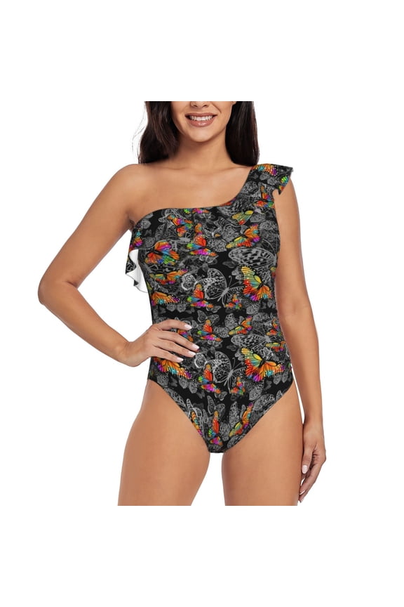 Multicolored Butterflies C Pattern Women One Piece Swimsuits Tummy Control One Shoulder Bathing Suits Ruffle Swimwear-Large