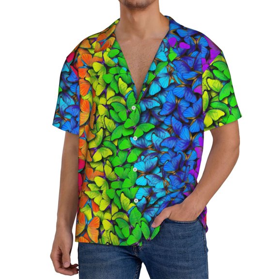 Rateoe Multicolored Butterflies Pattern Men's Short Sleeve Classic Shirt, Casual Short-Sleeved Shirt, Lightweight Summer Shirt, Cuban Collar Shirt,Button-Front Shirt-Medium