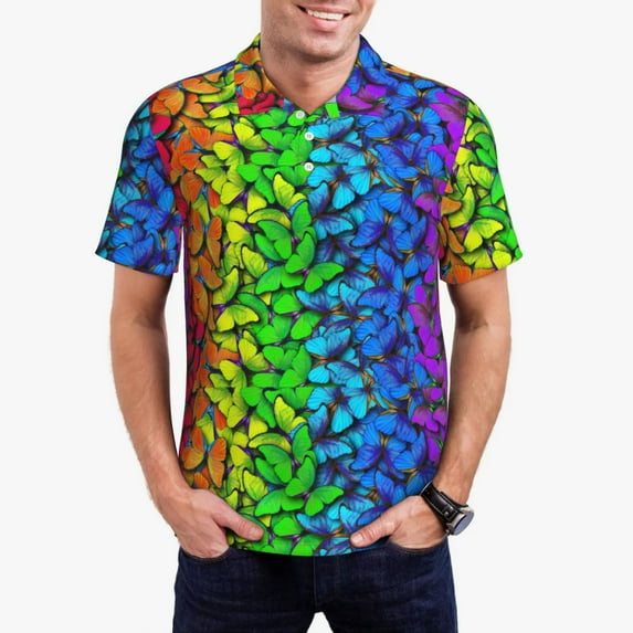 Rateoe Multicolored Butterflies Pattern Men's Short Sleeve Polo Shirts, Golf Polo Shirts Short Sleeve Performance Moisture Wicking Dry-XX-Large