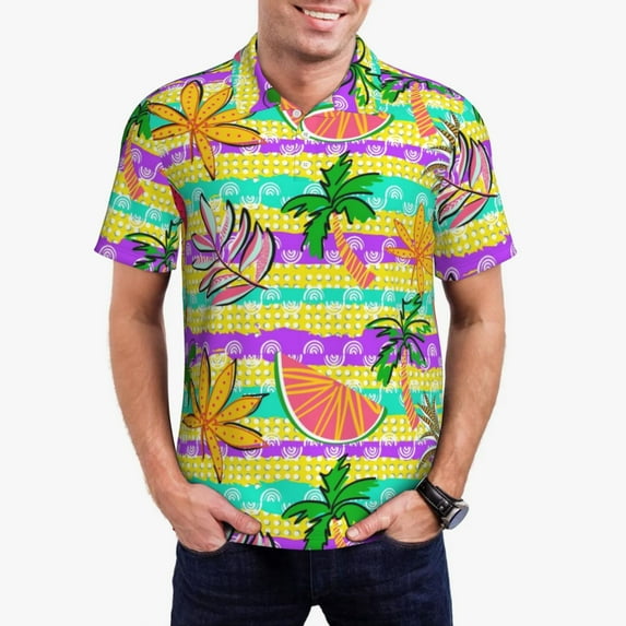 Rateoe Multicolored Tropical Pattern Men's Short Sleeve Polo Shirts, Golf Polo Shirts Short Sleeve Performance Moisture Wicking Dry-Small