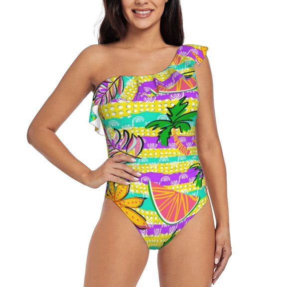 Rateoe Multicolored Tropical Pattern Women One Piece Swimsuits Tummy Control One Shoulder Bathing Suits Ruffle Swimwear-X-Large