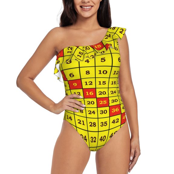 Rateoe Multiplication Table2 Pattern Women One Piece Swimsuits Tummy Control One Shoulder Bathing Suits Ruffle Swimwear-Large