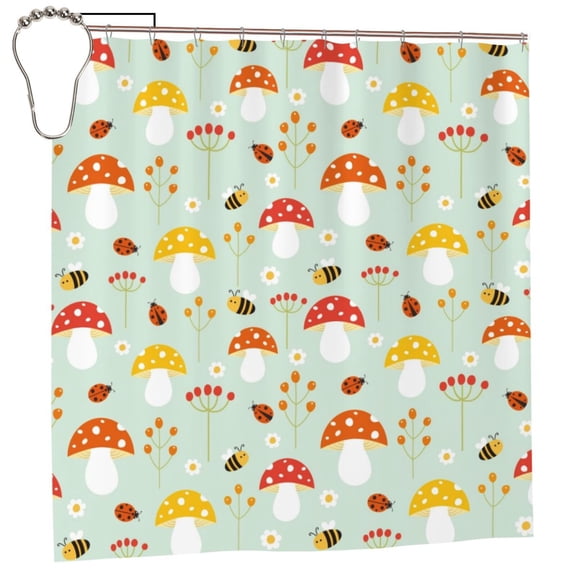 Rateoe Mushroom Bee Shower Curtain - Fancy Bathroom Shower Curtain Sets - Waterproof Shower Curtain with Hooks with 12 Plastic Hooks 72x72 Inches