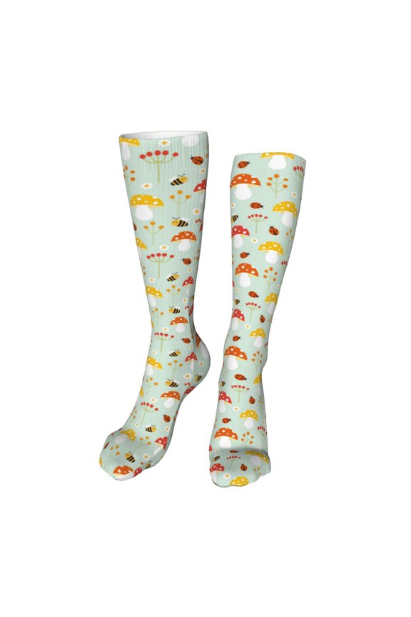Mushroom Bee print Women's Men's Novelty 20in Crew Socks Cotton Socks Knee High Socks for Walking,Running,Nurses,Pregnancy-One Size