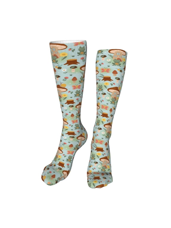 Mushroom House Insect Frog print Women's Men's Novelty 20in Crew Socks Cotton Socks Knee High Socks for Walking,Running,Nurses,Pregnancy-One Size