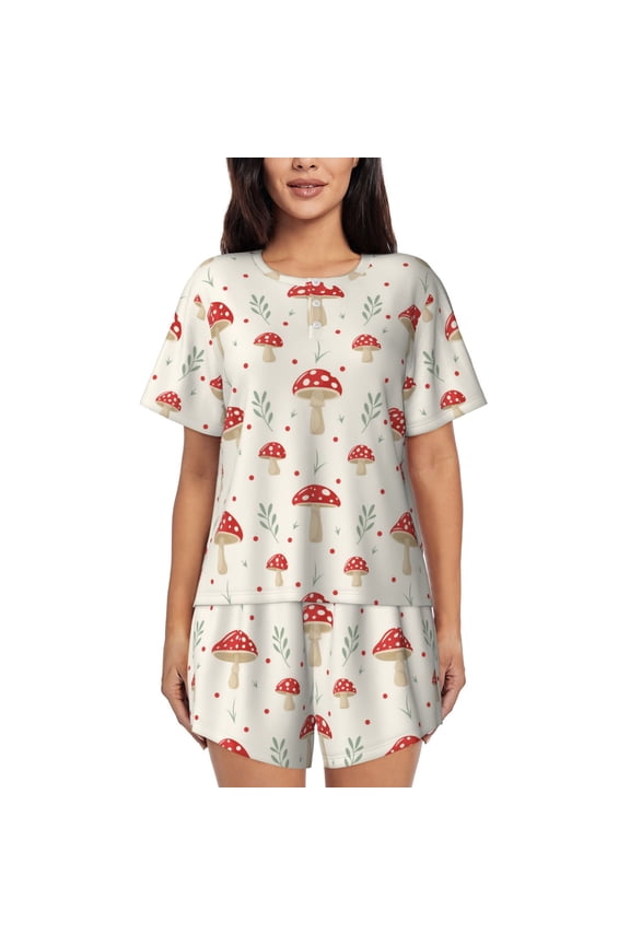 Mushroom Pattern Women's Short-Sleeved Pajama Set - 2 Piece Soft and Lightweight Sleepwear Set-Large