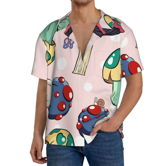 Rateoe Mushroom Print Mens Front Pocket Hawaiian Shirts Casual Shirts Short Sleeve Button Down Beach Tropical Shirts-Small