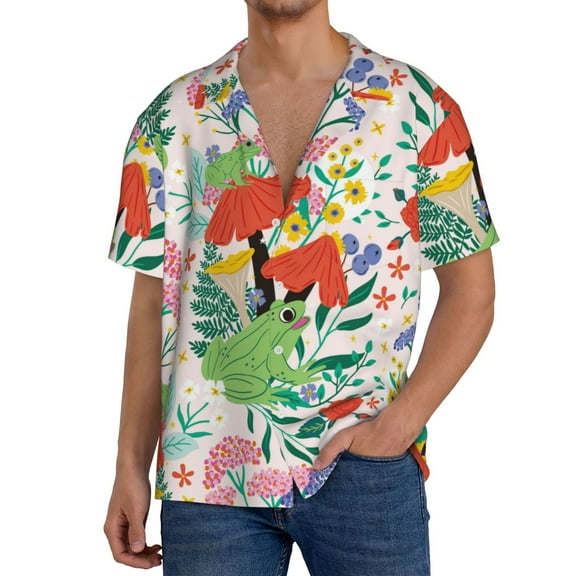 Rateoe Mushroom and Frogs Print Mens Front Pocket Hawaiian Shirts Casual Shirts Short Sleeve Button Down Beach Tropical Shirts-XX-Large