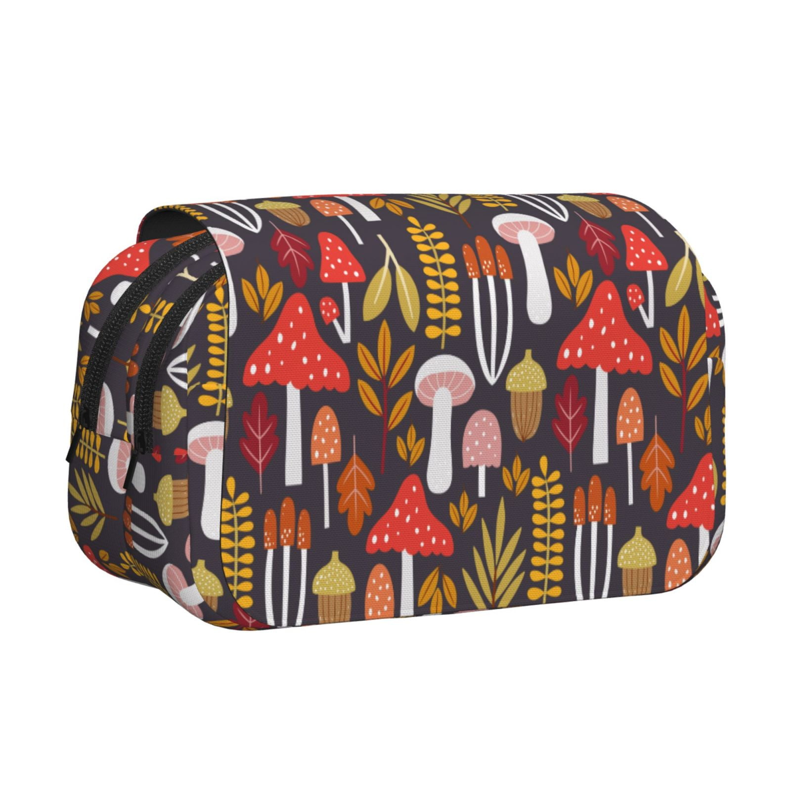 Rateoe Mushrooms And Leaves Pattern Double Clamshell Pen Case, Storage Organizer with Two Zipper Compartments– Holds Up to 50 Pencils & Pens