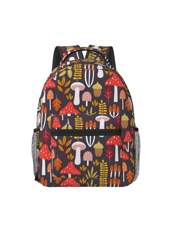 Mushrooms And Leaves Pattern Durable Student Backpack Laptop Bag- Ergonomic Design, Waterproof Twill Fabric - Ideal for School, Travel, and Outdoor Activities-One Size