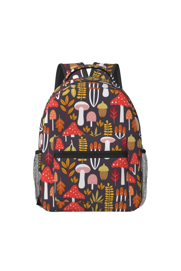 Mushrooms And Leaves Pattern Durable Student Backpack Laptop Bag- Ergonomic Design, Waterproof Twill Fabric - Ideal for School, Travel, and Outdoor Activities-One Size