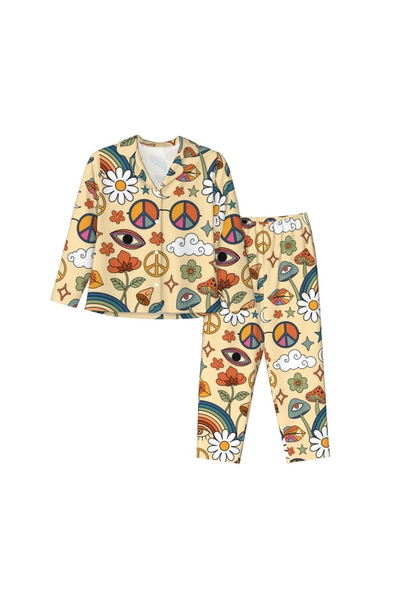 Mushrooms And Rainbows Peace Pattern Womens Pajamas Set Long Sleeve Sleepwear Button Down Nightwear Soft Cotton Pj Lounge Sets